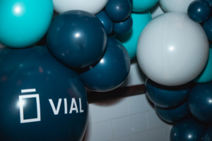 A group of blue and white balloons with the word vial on them, perfect for the upcoming aad 2022 event.