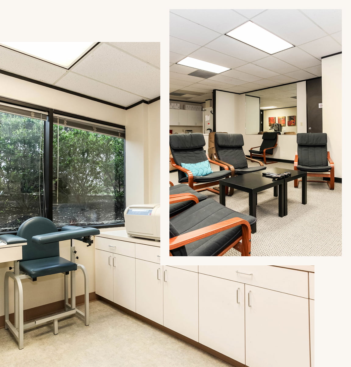 Two pictures of a waiting room with chairs and a window.